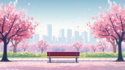 Beautiful Cherry Blossom Trees in a City Park with Skyline - Tranquil Spring Vector Illustration