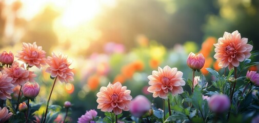 Vibrant garden filled with blooming peach dahlias during golden hour sunlight © olegganko