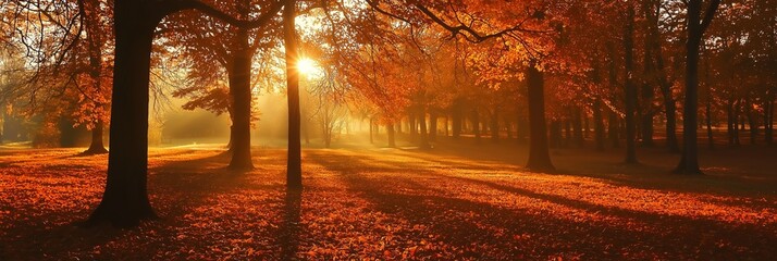 Sunlight filters through a tranquil autumn forest, casting golden hues on leaves and serene paths.