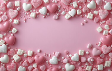 Obraz premium Decorative heart-shaped candies and sprinkles arranged on a pink background for celebrations