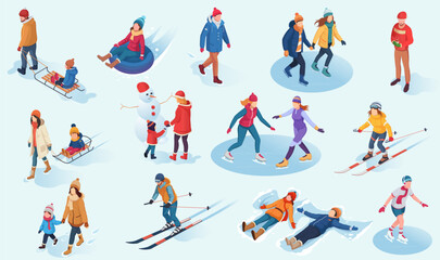 Various people engaged in winter sports and activities on a light background. Isometric style. Concept of winter recreation. Vector illustration