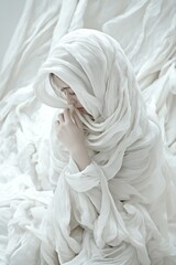 A figure enveloped in cascading white fabric poised in contemplation, embodying stillness and serene isolation.