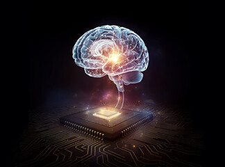 Human brain connected to electronic chip processor, digital circuit board, ai, bio artificial intelligence, cyber technology, futuristic innovation, glowing neural connections.