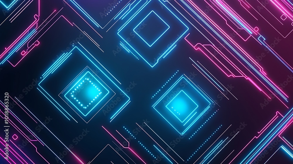 Aufkleber abstract digital background with neon glowing lines and squares.