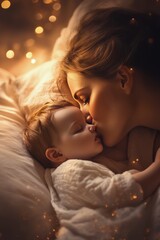 Mother and child share a tender moment with warm lights during a cozy nighttime cuddle