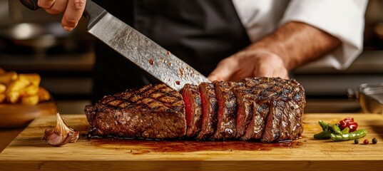 Chef Carving Medium Rare Porterhouse Steak for Culinary Presentation and Skill Demonstration