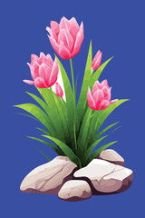 Pink Tulip Flower Illustration with Lush Green Leaves and Rocks on Bright Blue Background