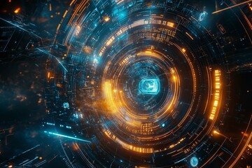 Obraz premium Sci fi futuristic abstract background with system techno screen elements and light effects. Exploring space .generative ai