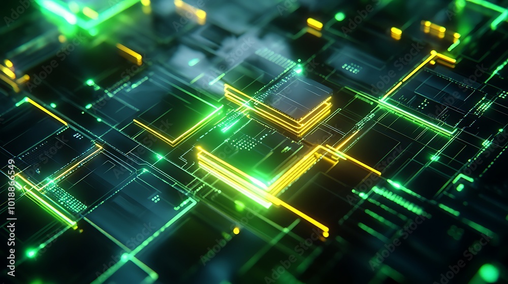 Poster Abstract glowing green and yellow circuit board with lines and squares.