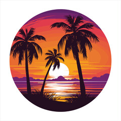 Tropical Sunset Landscape - Palm Trees Silhouette at Sunset Vector Illustration