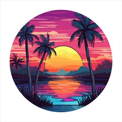 Vivid Tropical Sunset with Palm Trees Reflection - Island Beach Sunset Vector