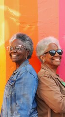 Vibrant portrait of two stylish senior women with silver hair, smiling confidently against a colorful striped background of yellow, orange, and pink hues.