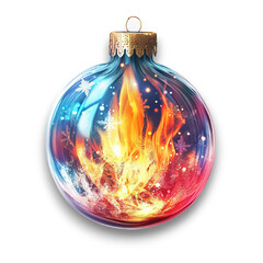 Christmas glass bauble with a fire inside, clipart on transparent background