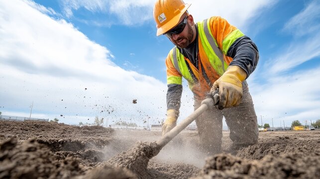 Construction Worker Digging in a Roadwork Site