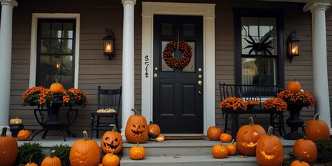 Obraz premium Halloween porch decor idea with carved pumpkins, autumn wreaths and holiday decorations creating a creepy atmosphere. AI generated.
