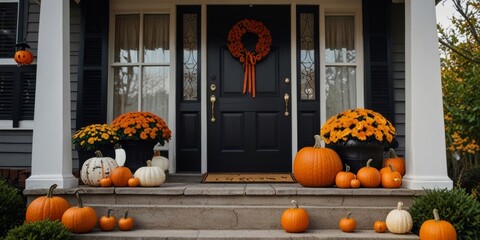 Obraz premium Halloween porch decor idea with carved pumpkins, autumn wreaths and holiday decorations creating a creepy atmosphere. AI generated.