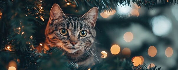 Adorable cat climbed onto decorated festive Christmas tree. Playful curious cat sits comfortably among branches and glowing garland lights. Holiday mischief and joy. Banner with copy space