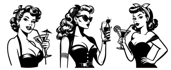 hand-drawn pinup girl holding a cocktail in vintage style black vector set