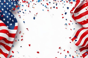Fototapeta premium American flag draped with colorful confetti celebrating Independence Day
