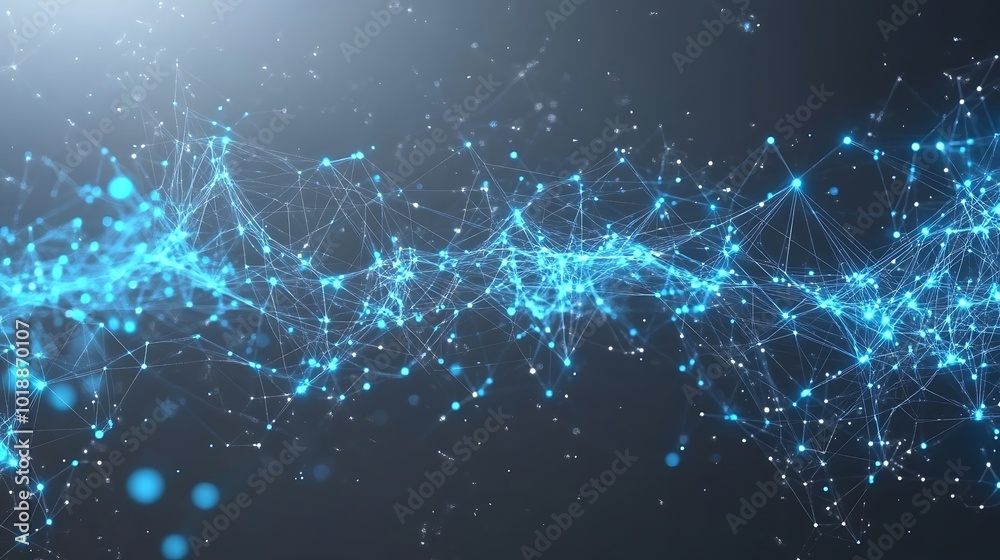Poster Abstract blue glowing network of lines and points on a dark background.