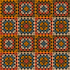 Pattern with crochet granny square with flowers wallpaper handmade decorative art design print	
