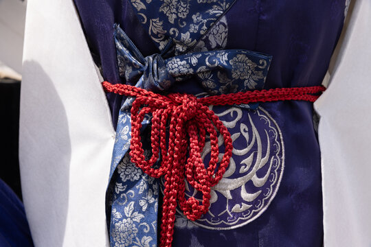 Closeup of fabric and textures of a traditional Korean hanbok in Seoul. 