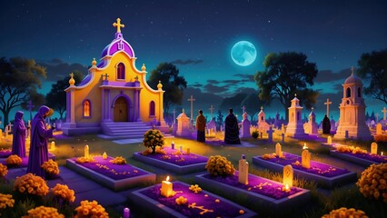 panteón o cementerio en día de muertos. Festividad, cultura. Se observan flores, velas y ofrendas en las lápidas. 