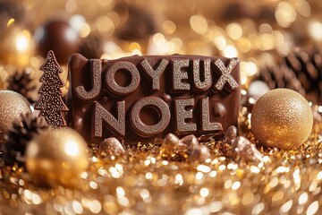 Christmas card with french letters text "Joyeux Noel" made of dark chocolate on the golden sparkl background, close up,  side view. 