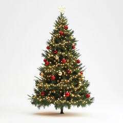 Christmas Tree Wrapped with Lights and Ornaments on Solid White Background