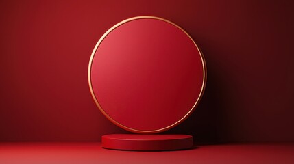 A minimalist red display featuring a round pedestal and an elegant border, perfect for showcasing products or decorative items.