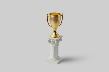 Roman column with gold trophy for winner on white background