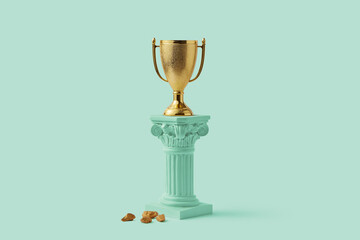 Golden goblet standing on turquoise column in studio