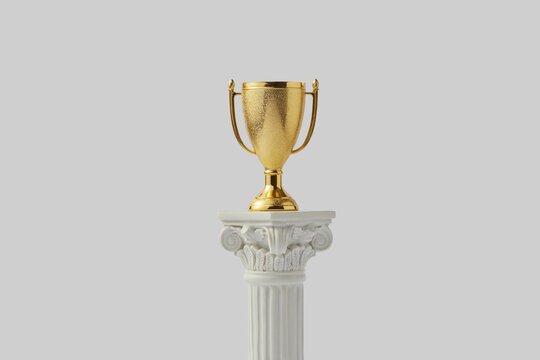 Fototapeta Ribbed column serving as pedestal for golden bowl in studio