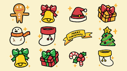 Naklejka premium Merry Christmas, Bell,Presents , Hat ,Snowman,Christmas Tree,Candy Cane,Gingerbread