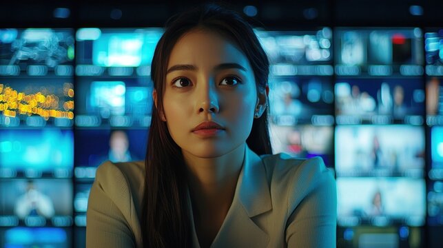 A woman presents cyber security strategies to a remote team via video call, with bright screens illuminating her enthusiastic expression and engagement with the team.