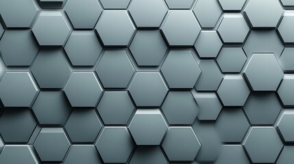 Abstract background of gray 3D hexagons in a repeating pattern.