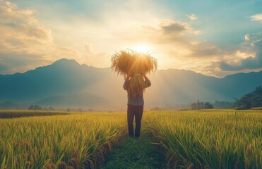 Fototapeta premium A farmer carrying freshly harvested rice while standing in a sunlit field at dawn