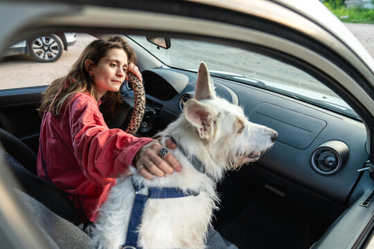 Woman with her dog in the car ready for a drive