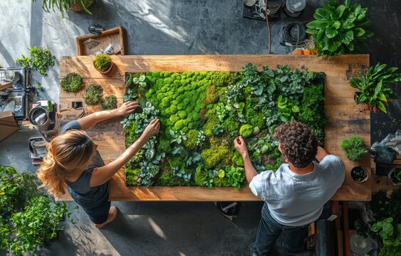 Two individuals creating a vibrant vertical garden with various green plants indoors - Powered by Adobe