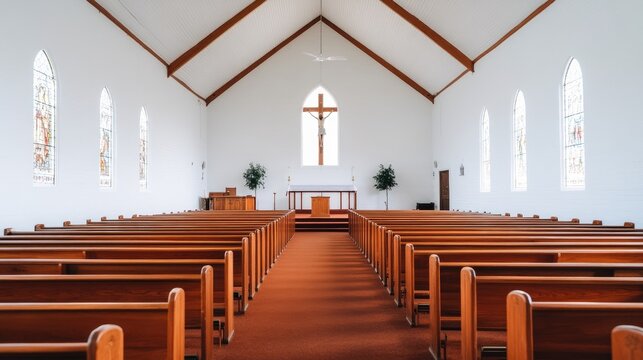 A tranquil classroom in an old church, bathed in natural light from large windows and wooden beams overhead
