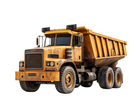 Heavy-duty dump truck with a yellow body, Transparent background.