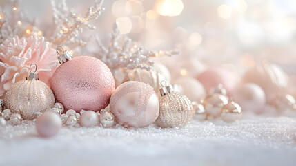 Elegant Display of Delicate Christmas Ornaments in Soft Pastel Colors Set Against a Light Background for a Warm Holiday Feel in Wallpaper