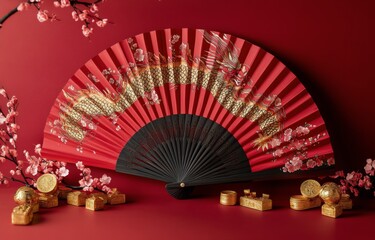 Elegant red fan with dragon design and gold decorations on a festive table setting