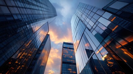 Fototapeta premium Sunset reflections on skyscraper glass facades in an urban skyline
