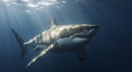 Fototapeta premium a great white shark in the ocean,documentary photography