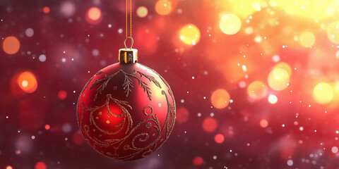 Fototapeta premium A close-up of a red Christmas ornament with intricate gold details, hanging against a warm, glowing festive backdrop