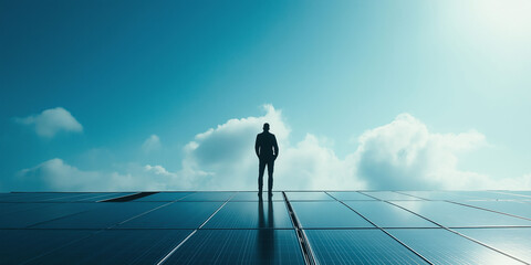 A businessman confidently stands on a large array of solar panels, symbolizing renewable energy and environmental sustainability
