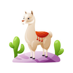 White alpaca in desert. Colorful vector image isolated on white background