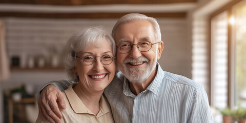 Happy senior couple posing indoors, smiling with natural light coming from the window