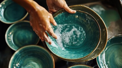 Hands washing handmade ceramic bowls under running water